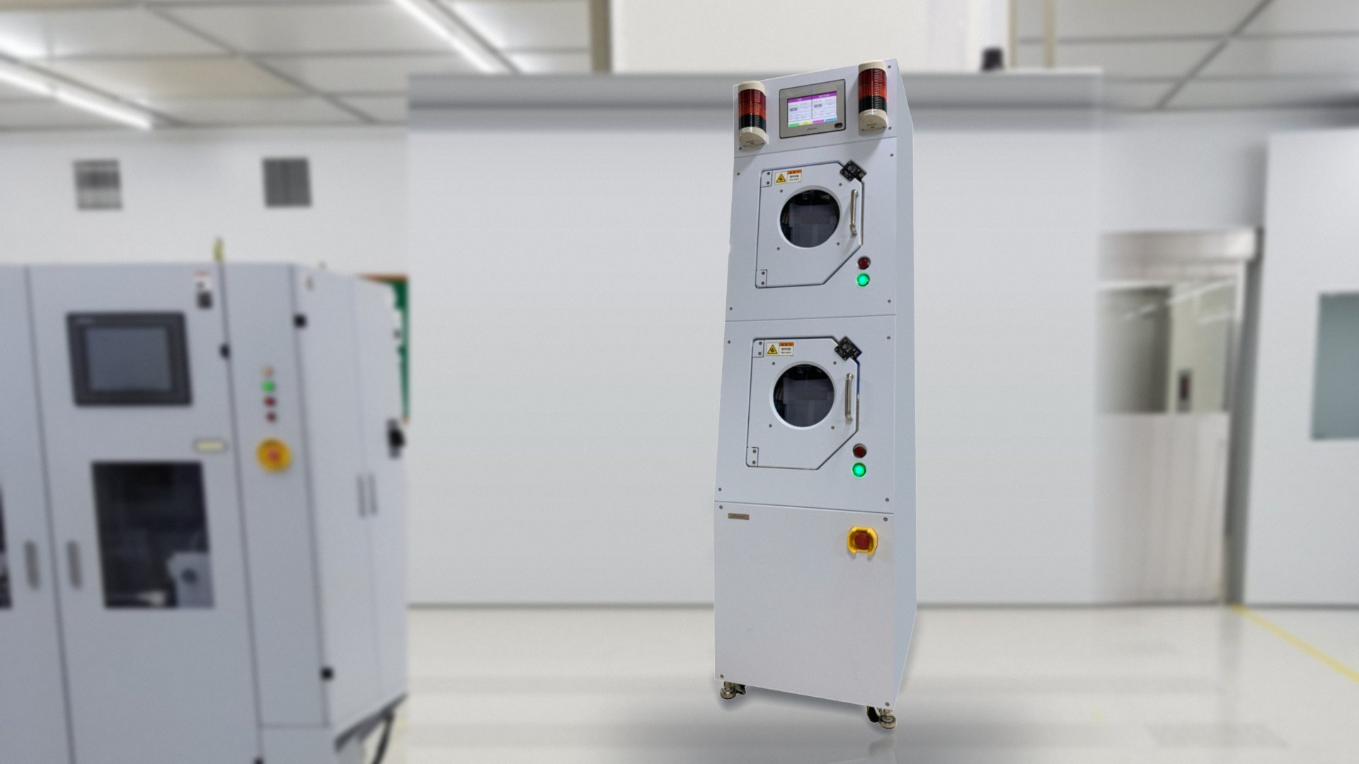 Dual-stack spin rinse dryer in a cleanroom